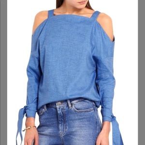 Tibi Cold Shoulder Blue Chambray Blouse